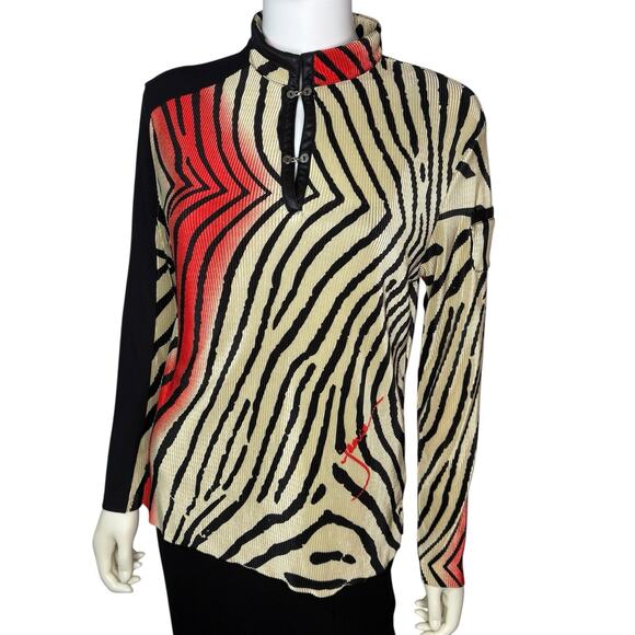 Vintage Jamie Sadock Firework Beige/Red/Black Striped Long Sleeve Golf Top sz M - Picture 2 of 10